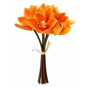 Artificial Orange Orchid Bouquet Real Touch Cymbidium Flowers 6 Stem Bundle